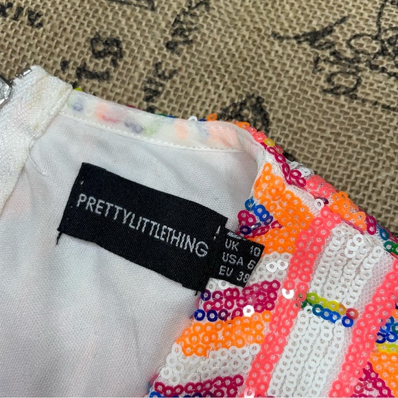 PRETTYLITTLETHING NWOT! Orange/White Sequin Fringe V-Neck Long Sleeve Dress - Picture 13 of 17